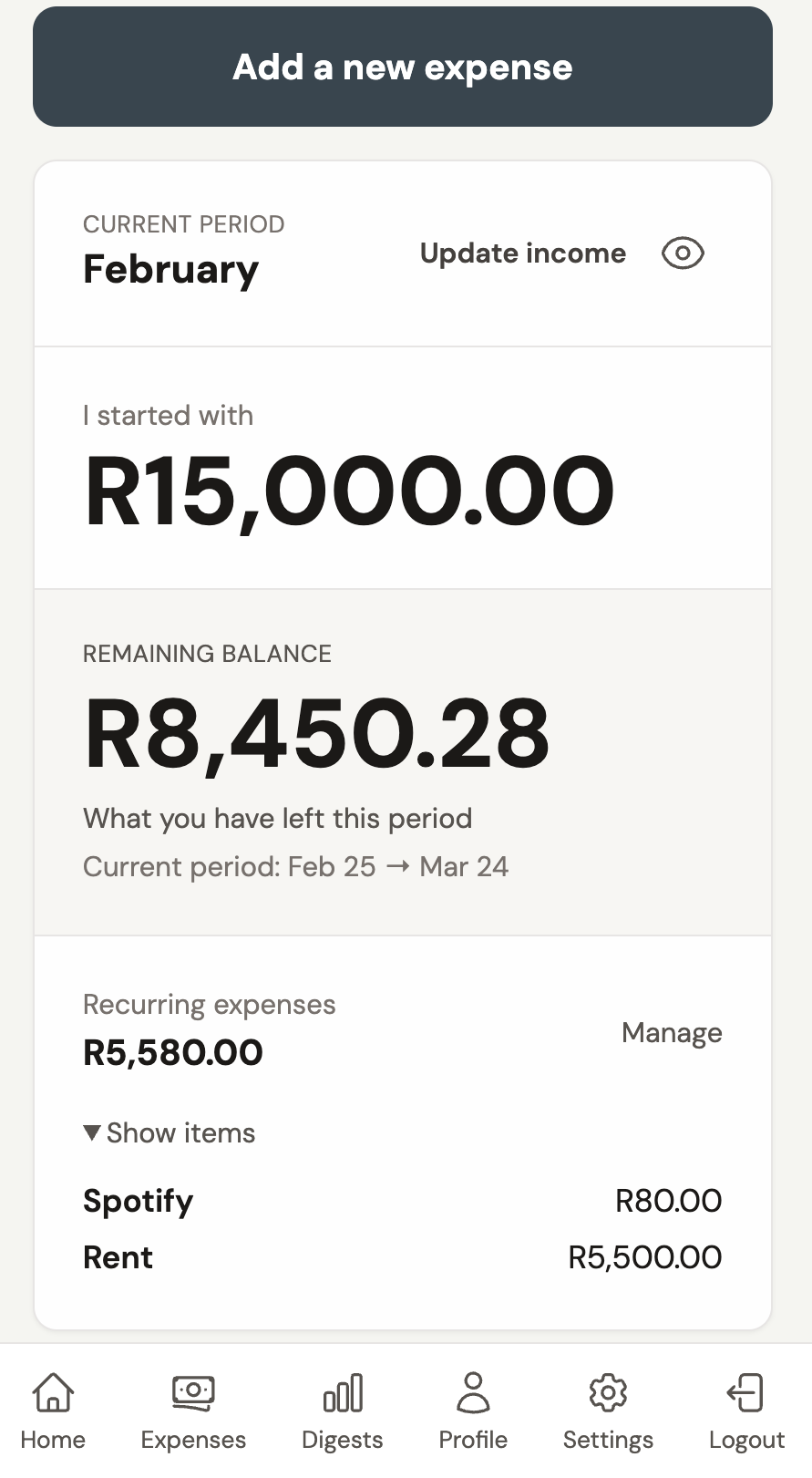 Home screen showing remaining balance and recent spending